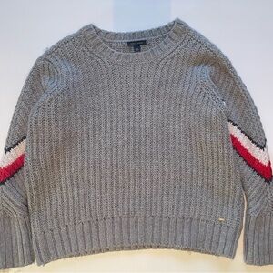 Tommy Hilfiger Wool Gray Sweater with Red and White Stripes